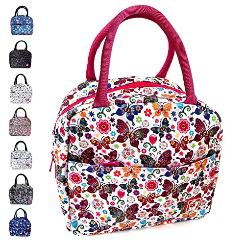 Waterproof Insulated Reusable Lunch Bag Food Drinks Container With Front Padded Pocket Double Zippers For Kids Men Women Work School Picnic Butterflies