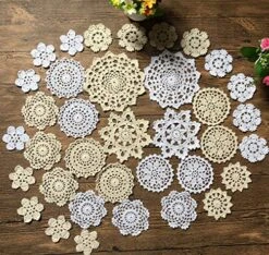 Set Of 36 Small Hand Crochet Doilies Mini Cotton Crocheted Lace Doilies For Crafts,3-6 Inches Snowflake Style White Beige