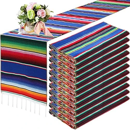 12 Pcs Mexican Serape Table Runner Mexican Party Table Blanket Serape Colorful Striped Runner Fringe Cotton Table Runner Decoration For Cinco De Mayo Fiesta Party Wedding 14 X 84 Inch (Classic Style) - Image 7
