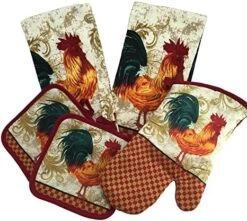 Greenbrier-6-L Kitchen Linen Set With One Oven Mitt, Two Pot Holders & Two Dish Towels, Tan/White