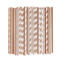 Biodegradable Rose Gold Paper Straws Bulk, Pack Of 100 Metallic Foil Striped/Wave/Heart Straws For Birthday, Wedding, Bridal/Baby Shower, Christmas Decorations And Party Supplies