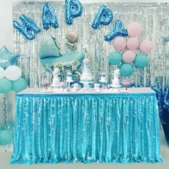 6ft Baby Blue Sequin Table Skirts For Rectangle Tables Or Round Tables Ruffle Sparkly Fabric Tablecolth Decor For Baby Shower Bridal Birthday Party Teal Glitter Table Skirt Decoration