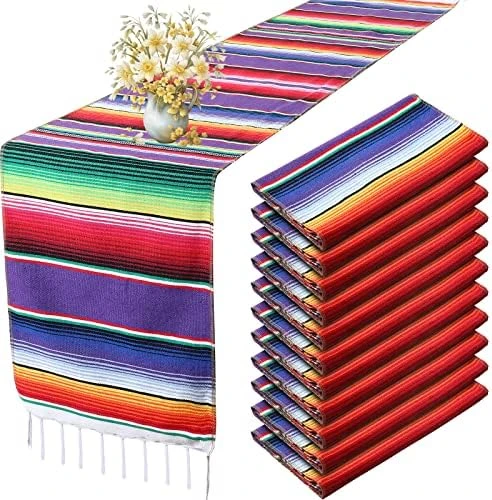 12 Pcs Mexican Serape Table Runner Mexican Party Table Blanket Serape Colorful Striped Runner Fringe Cotton Table Runner Decoration For Cinco De Mayo Fiesta Party Wedding 14 X 84 Inch (Classic Style) - Image 6