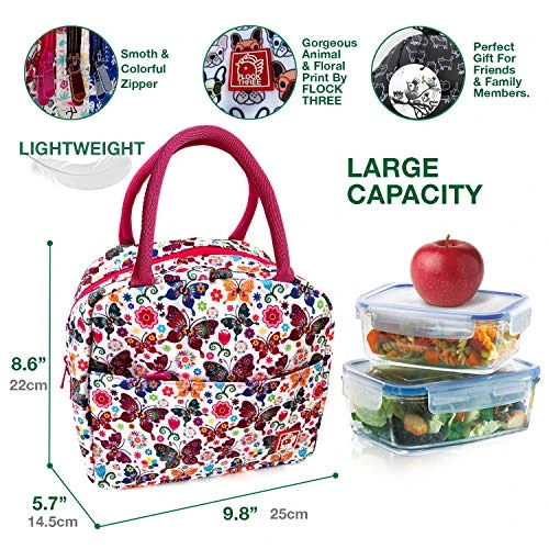 Waterproof Insulated Reusable Lunch Bag Food Drinks Container With Front Padded Pocket Double Zippers For Kids Men Women Work School Picnic Butterflies - Image 3
