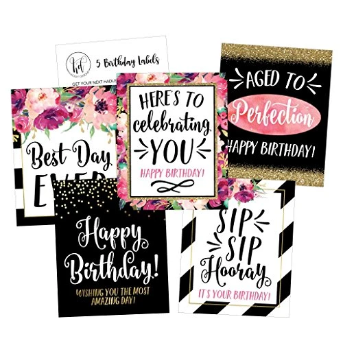 5 Birthday Wine Bottle Labels Or Stickers Present, Bday Milestone Gifts For Her Women, Any Age Years Funny Unique Old Chic Pink Black Gold Party Decoration Centerpiece Supplies For Wife, Mom, Friend - Image 2