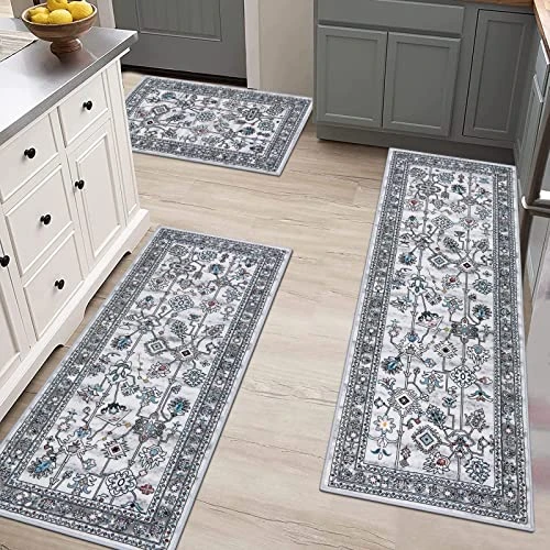Vaukki Boho Kitchen Rug Sets 3 Pieces, Tribal Washable Kitchen Mats For Floor, Non Slip Soft Kitchen Area Rug Floor Mat For Kitchen, Laundry Room And Hallway (Grey, 20''x32''+20''x47''+20''x59'') - Image 5