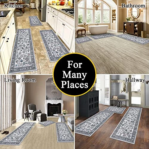 Vaukki Boho Kitchen Rug Sets 3 Pieces, Tribal Washable Kitchen Mats For Floor, Non Slip Soft Kitchen Area Rug Floor Mat For Kitchen, Laundry Room And Hallway (Grey, 20''x32''+20''x47''+20''x59'') - Image 3