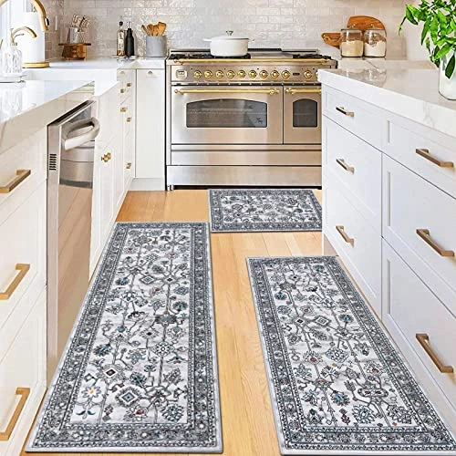 Vaukki Boho Kitchen Rug Sets 3 Pieces, Tribal Washable Kitchen Mats For Floor, Non Slip Soft Kitchen Area Rug Floor Mat For Kitchen, Laundry Room And Hallway (Grey, 20''x32''+20''x47''+20''x59'')