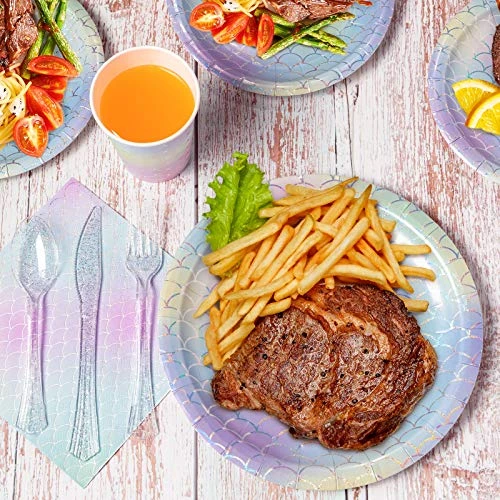 Mermaid Party Supplies, 350 PCS Disposable Dinnerware Set, Mermaid Paper Plate Napkin Cup Gold Plastic Fork Knives Spoon For Children's Day Girls Birthday Baby Shower Wedding Hawaii Ocean Party - Image 5