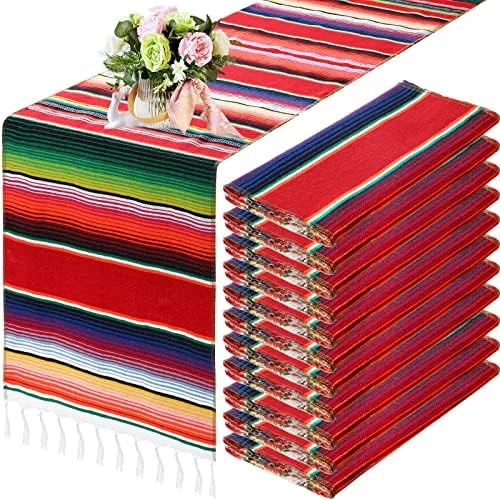 12 Pcs Mexican Serape Table Runner Mexican Party Table Blanket Serape Colorful Striped Runner Fringe Cotton Table Runner Decoration For Cinco De Mayo Fiesta Party Wedding 14 X 84 Inch (Classic Style) - Image 8