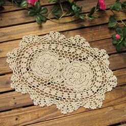 Lace Doilies Handmade Crochet Placemats Cotton Doilies Cloth Lace, Pack Of 4, Oval Shape, 10 X 14 Inch (Beige)
