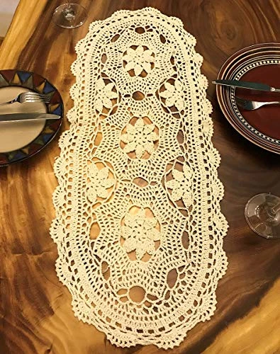 Janef Beige Handmade Crochet Cotton Table Runner Lace Doilies Doily Oval Dresser Scarves,12 By 28 Inches. - Image 3