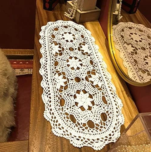 Janef Beige Handmade Crochet Cotton Table Runner Lace Doilies Doily Oval Dresser Scarves,12 By 28 Inches. - Image 7