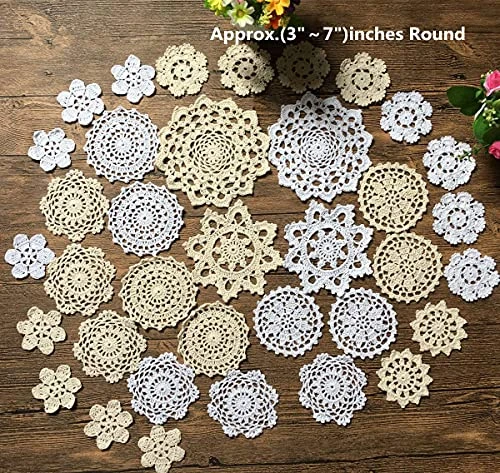 Set Of 36 Small Hand Crochet Doilies Mini Cotton Crocheted Lace Doilies For Crafts,3-6 Inches Snowflake Style White Beige - Image 3