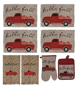 Hello Fall Farmhouse Kitchen Towels Set 8 Piece Includes Vintage Red Truck Pumpkin Placemats Set Of 4 Oven Mitt Pot Holder Autumn Harvest Dish Towels Set Of 2