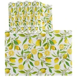 Watercolor Lemons Flower Leaves Tropical Fruit Floral Placemats Table Mats Set Of 4, Heat-Resistant Washable Clean Kitchen Place Mats For Dining Table Decoration