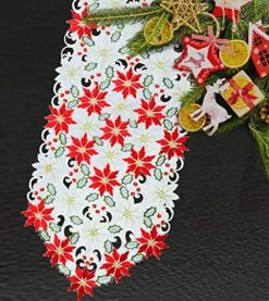 Christmas Poinsettia Table Runner For Holiday Decorations, Embroidered Holly Leaves 14 × 90 Inch